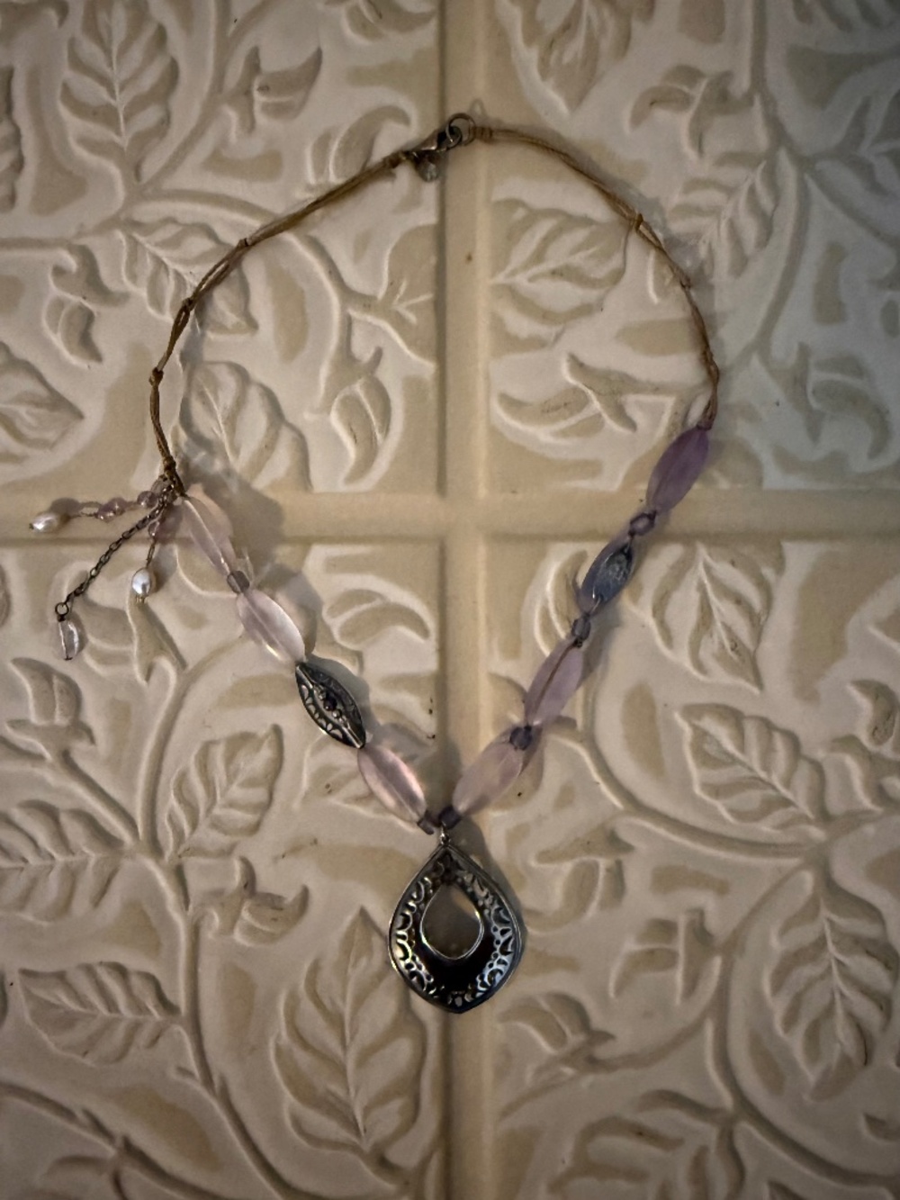 Silpada Retired Sterling Silver Amethyst Pearl Silk Cord Pendant Necklace N2015